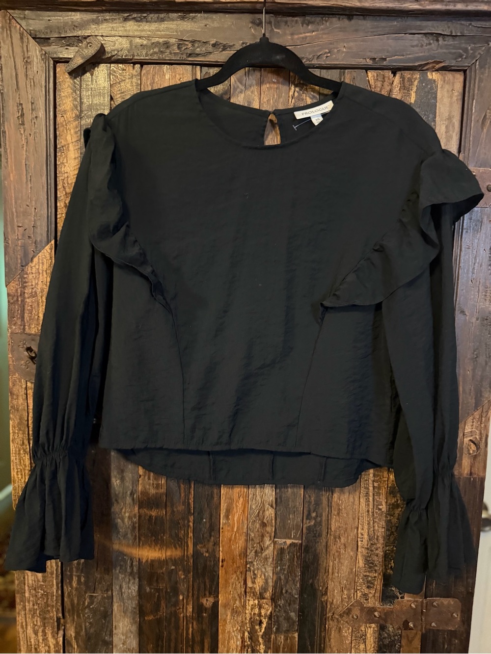 Prologue Black Ruffle Blouse Womens XS Long Sleeve Keyhole minimalist